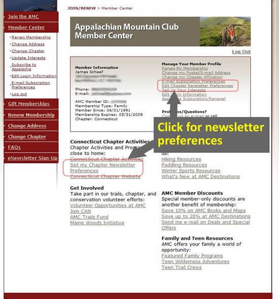 Member Center menu page with arrows point to newsletter links
